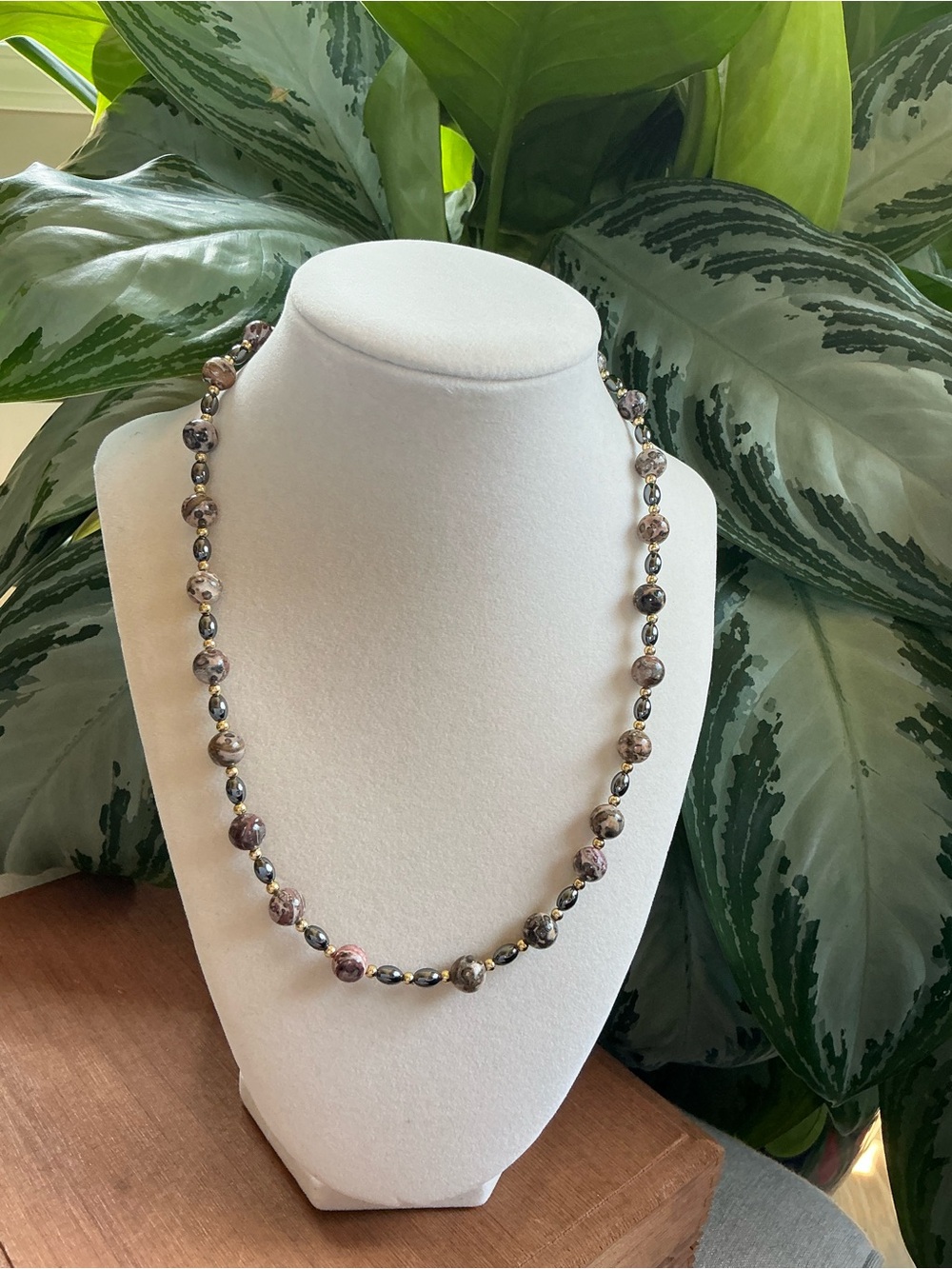 Leopard Skin Jasper Stone With Hematite And Gold Bead Women’s Necklace